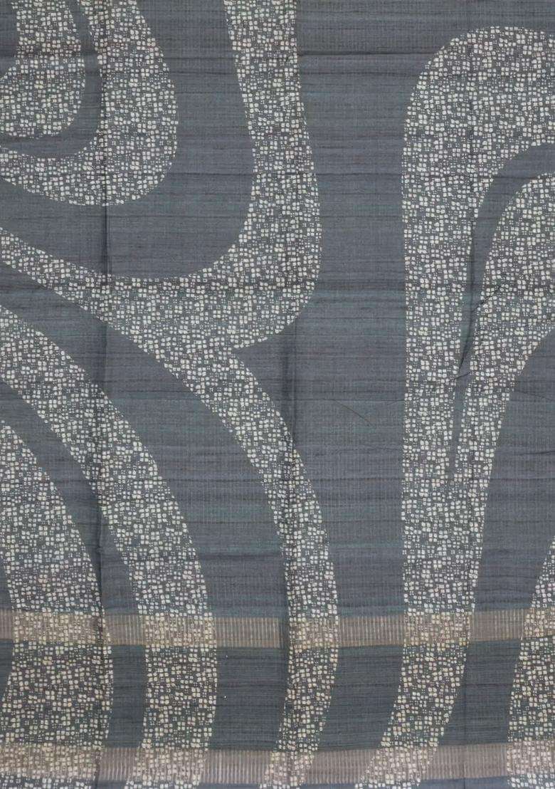 Grey Printed Synthetic Tussar Silk Saree With Zari Checks Motifs For Women - Indya