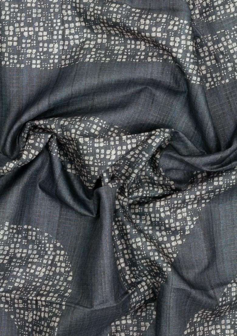 Grey Printed Synthetic Tussar Silk Saree With Zari Checks Motifs For Women - Indya