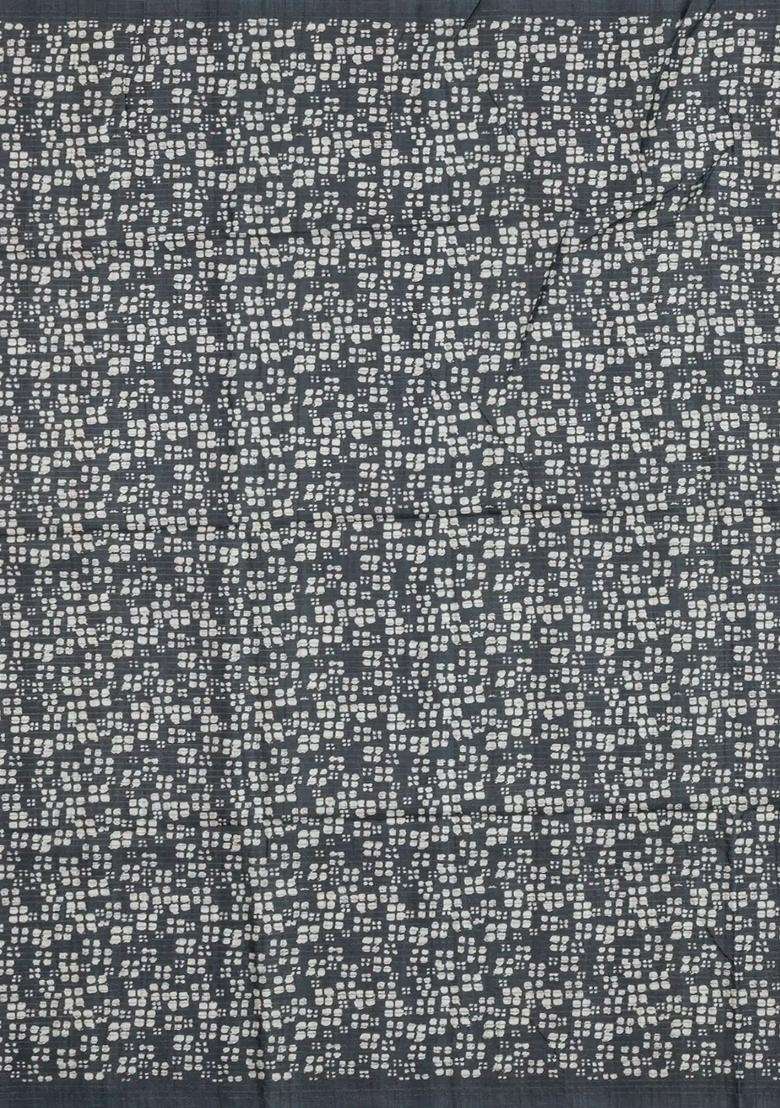Grey Printed Synthetic Tussar Silk Saree With Zari Checks Motifs For Women - Indya