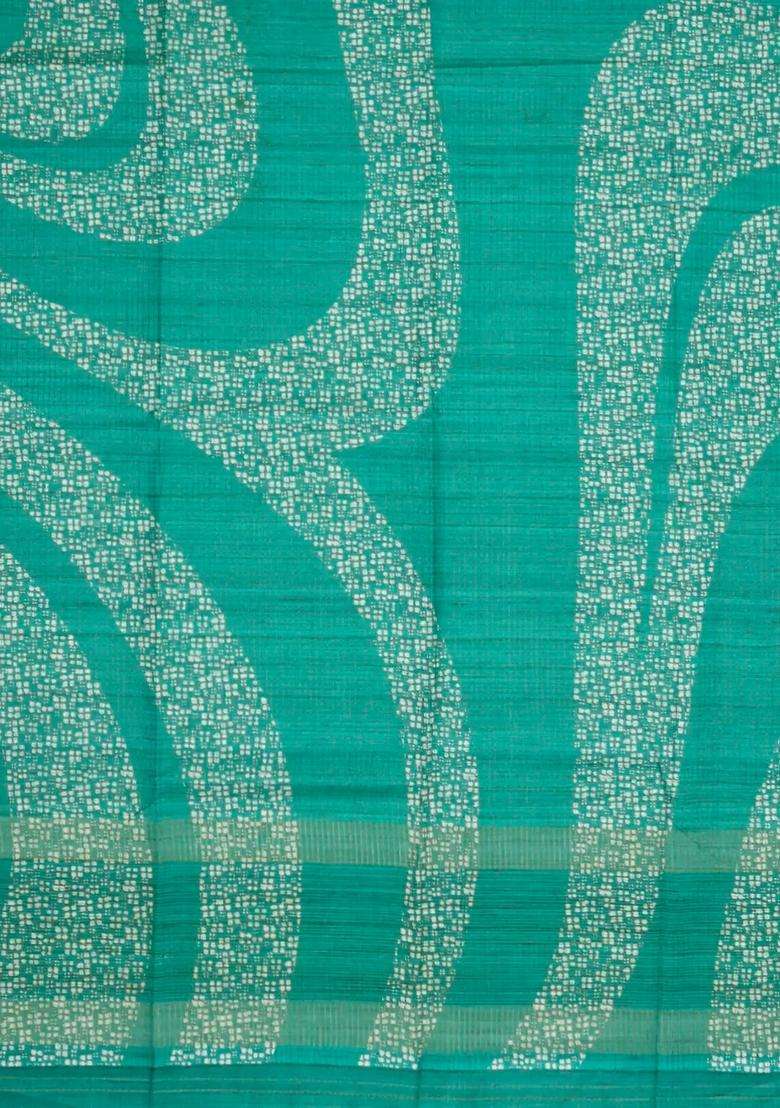 Aquamarine Printed Synthetic Tussar Silk Saree With Zari Checks Motifs For Women - Indya
