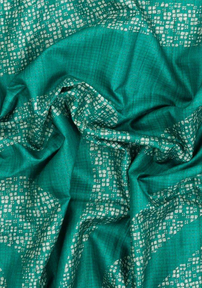 Aquamarine Printed Synthetic Tussar Silk Saree With Zari Checks Motifs For Women - Indya