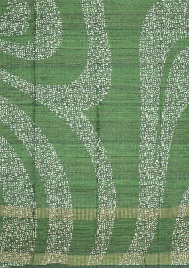 Green Printed Synthetic Tussar Silk Saree With Zari Checks Motifs For Women - Indya