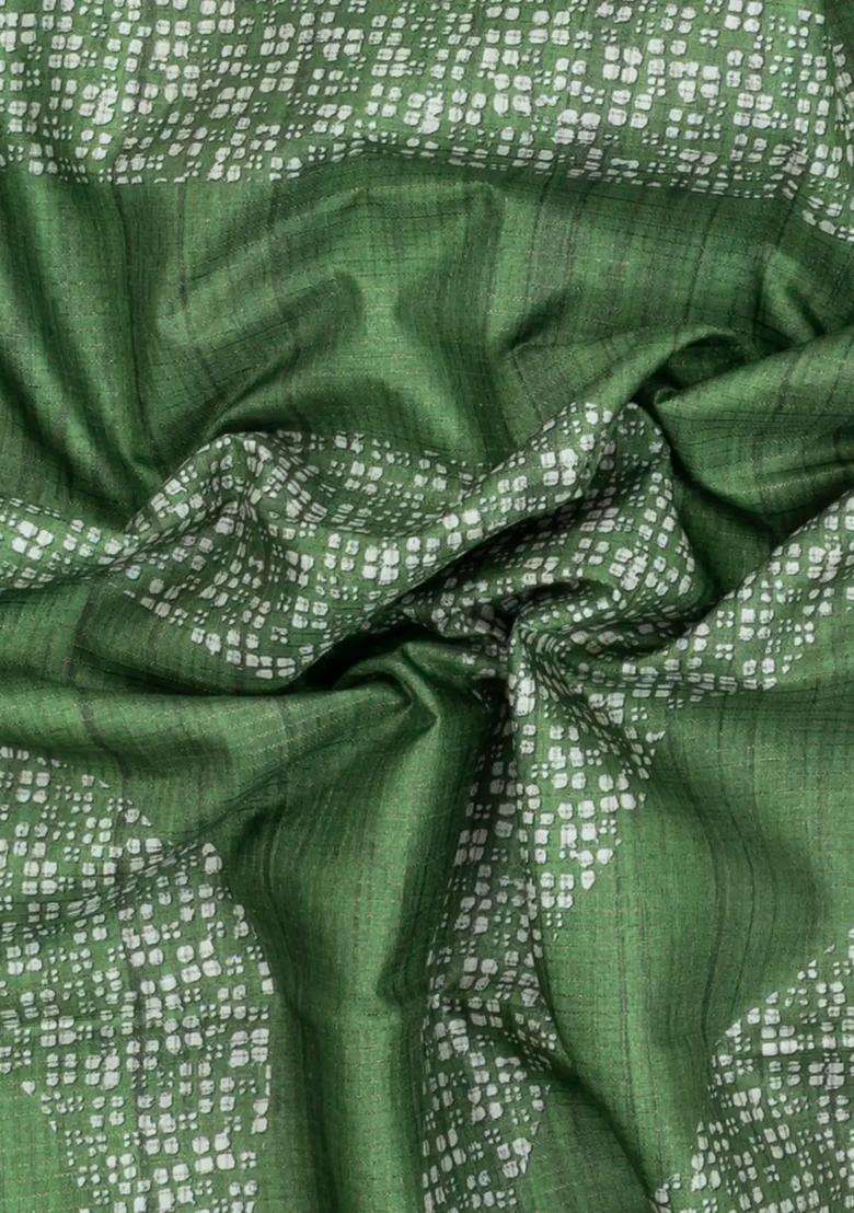 Green Printed Synthetic Tussar Silk Saree With Zari Checks Motifs For Women - Indya