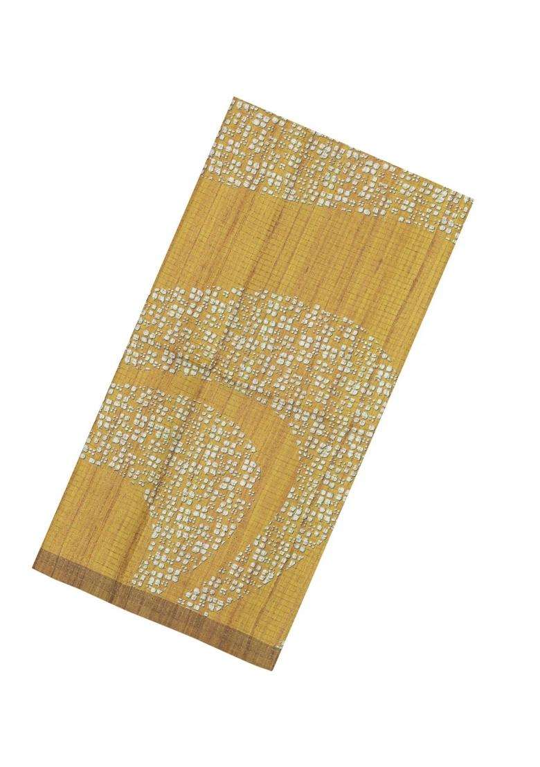 Mustard Printed Synthetic Tussar Silk Saree With Zari Checks Motifs For Women - Indya