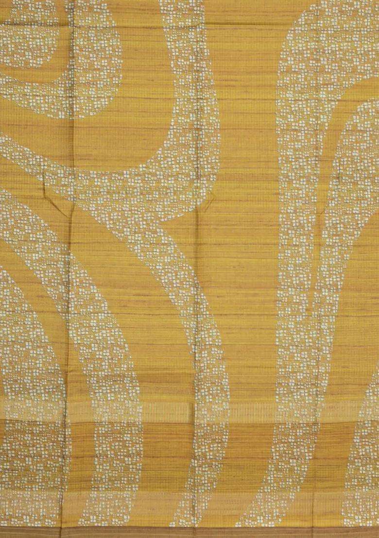 Mustard Printed Synthetic Tussar Silk Saree With Zari Checks Motifs For Women - Indya