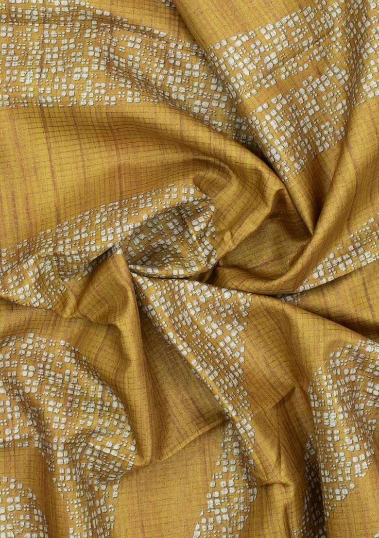 Mustard Printed Synthetic Tussar Silk Saree With Zari Checks Motifs For Women - Indya
