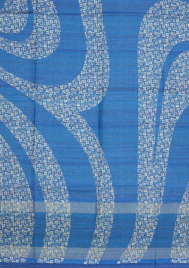 Blue Printed Synthetic Tussar Silk Saree With Zari Checks Motifs For Women - Indya
