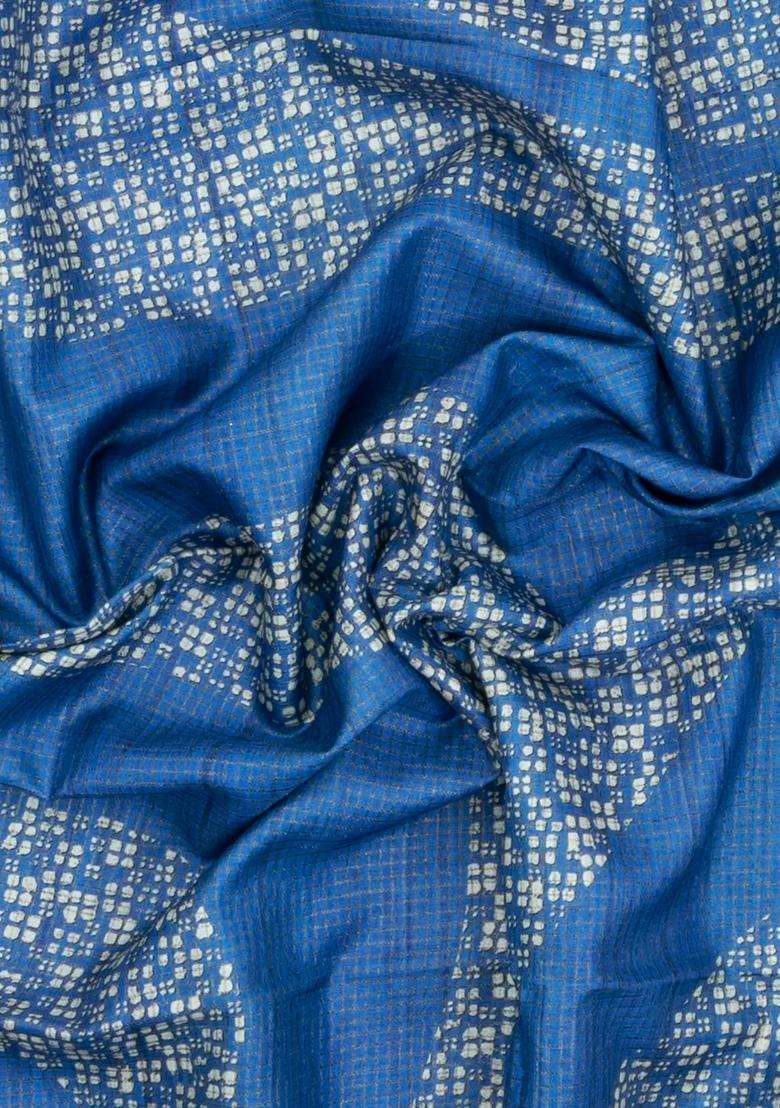 Blue Printed Synthetic Tussar Silk Saree With Zari Checks Motifs For Women - Indya