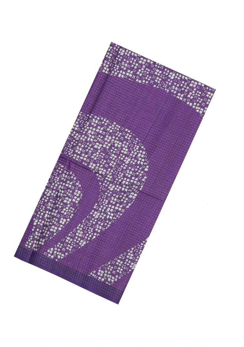 Lilac Printed Synthetic Tussar Silk Saree With Zari Checks Motifs For Women - Indya