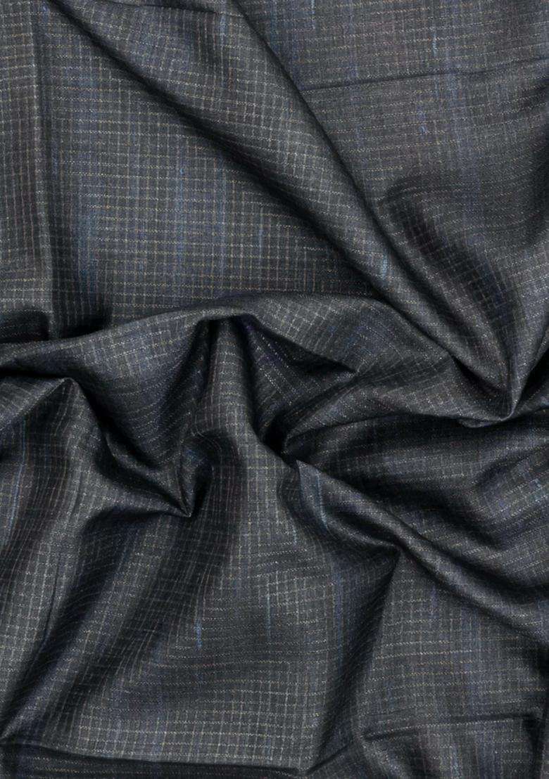 Dark Grey Printed Synthetic Tussar Silk Saree With Zari Checks Contrast Pallu For Women - Indya