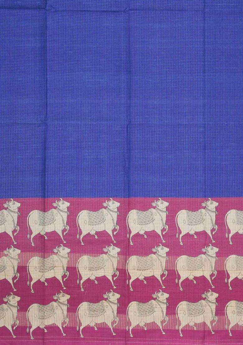Indigo Printed Synthetic Tussar Silk Saree With Zari Checks Contrast Pallu For Women - Indya