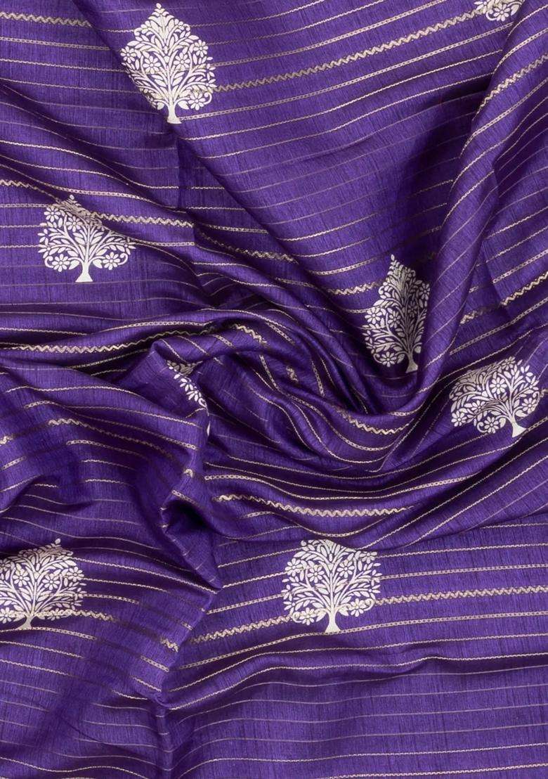 Purple Printed Synthetic Dola Silk Saree With Zari Stripes Border For Women - Indya