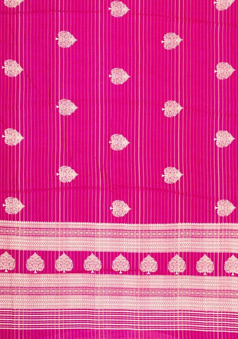 Hot Pink Printed Synthetic Dola Silk Saree With Zari Stripes Border For Women - Indya