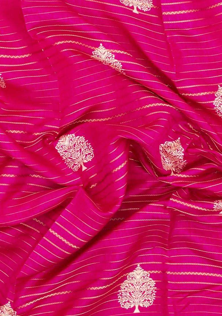 Hot Pink Printed Synthetic Dola Silk Saree With Zari Stripes Border For Women - Indya