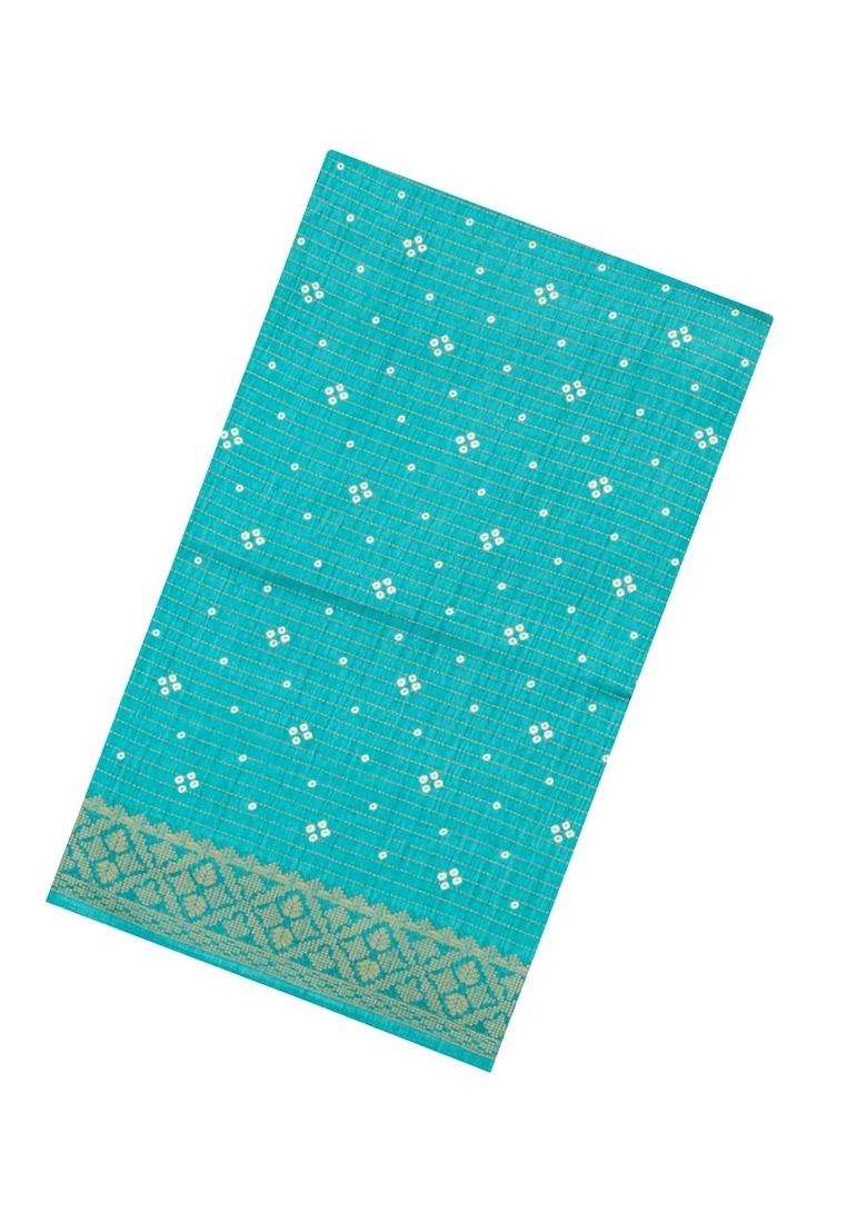 Turquoise Printed Synthetic Dola Silk Saree With Zari Stripes Border For Women - Indya