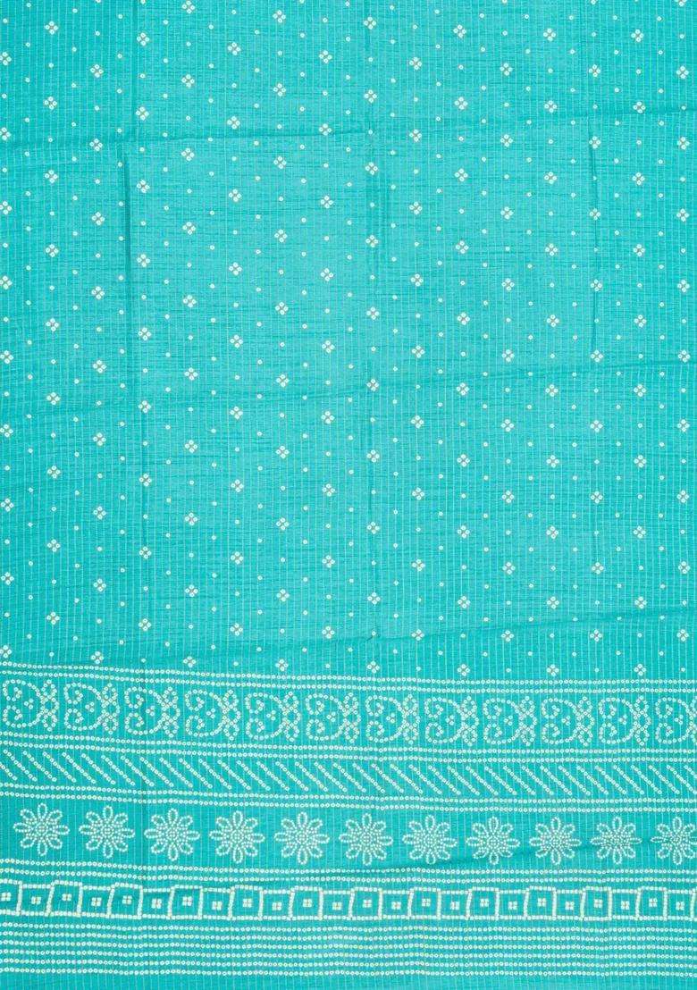 Turquoise Printed Synthetic Dola Silk Saree With Zari Stripes Border For Women - Indya