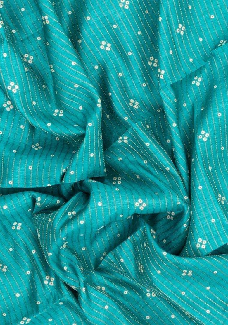 Turquoise Printed Synthetic Dola Silk Saree With Zari Stripes Border For Women - Indya