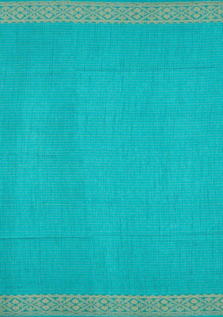 Turquoise Printed Synthetic Dola Silk Saree With Zari Stripes Border For Women - Indya