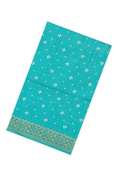 Turquoise Printed Synthetic Dola Silk Saree With Zari Stripes Border For Women