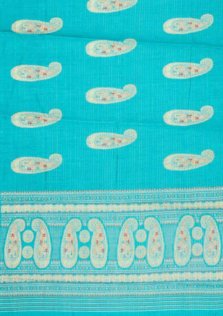 Turquoise Printed Synthetic Dola Silk Saree With Zari Stripes Border For Women - Indya