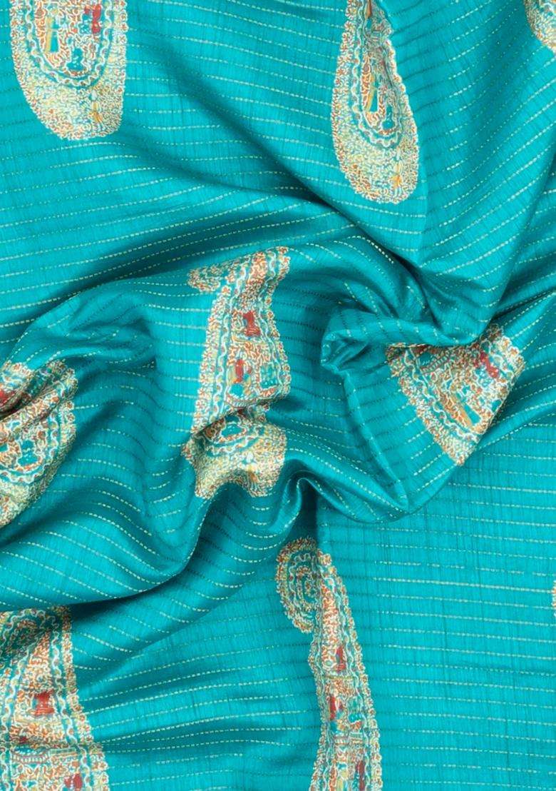 Turquoise Printed Synthetic Dola Silk Saree With Zari Stripes Border For Women - Indya
