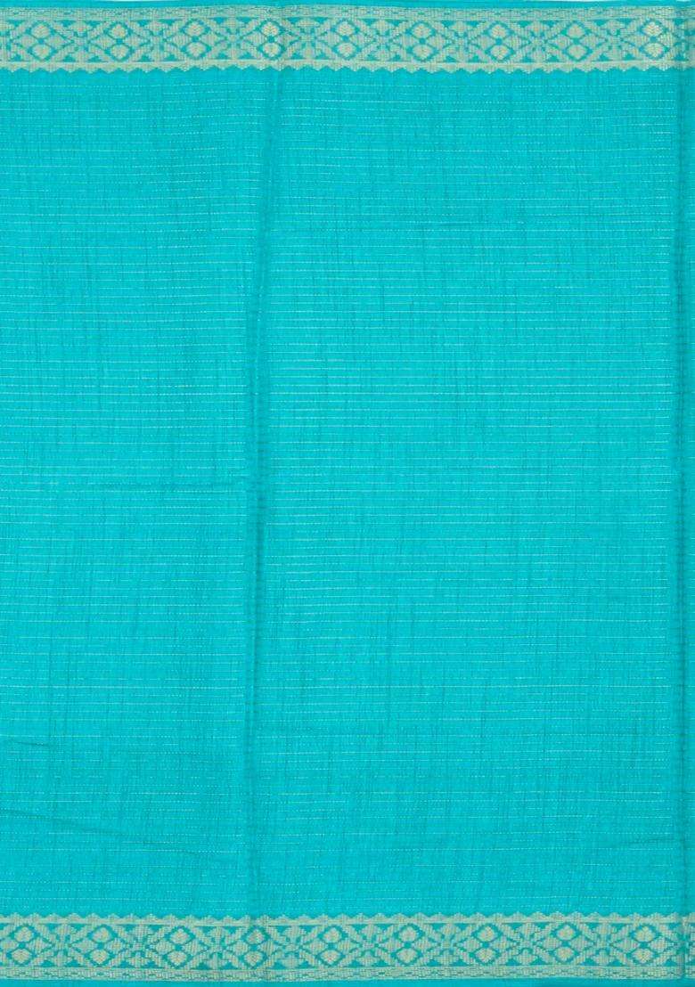 Turquoise Printed Synthetic Dola Silk Saree With Zari Stripes Border For Women - Indya