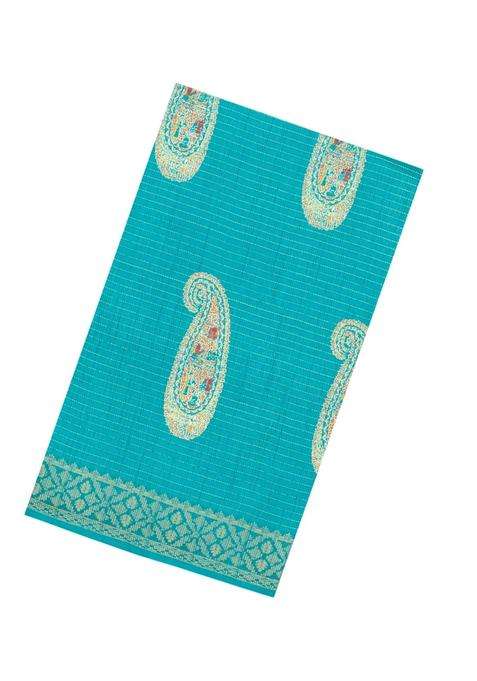 Turquoise Printed Synthetic Dola Silk Saree With Zari Stripes Border For Women