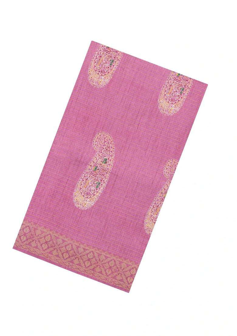 Dusty Pink Printed Synthetic Dola Silk Saree With Zari Stripes Border For Women - Indya