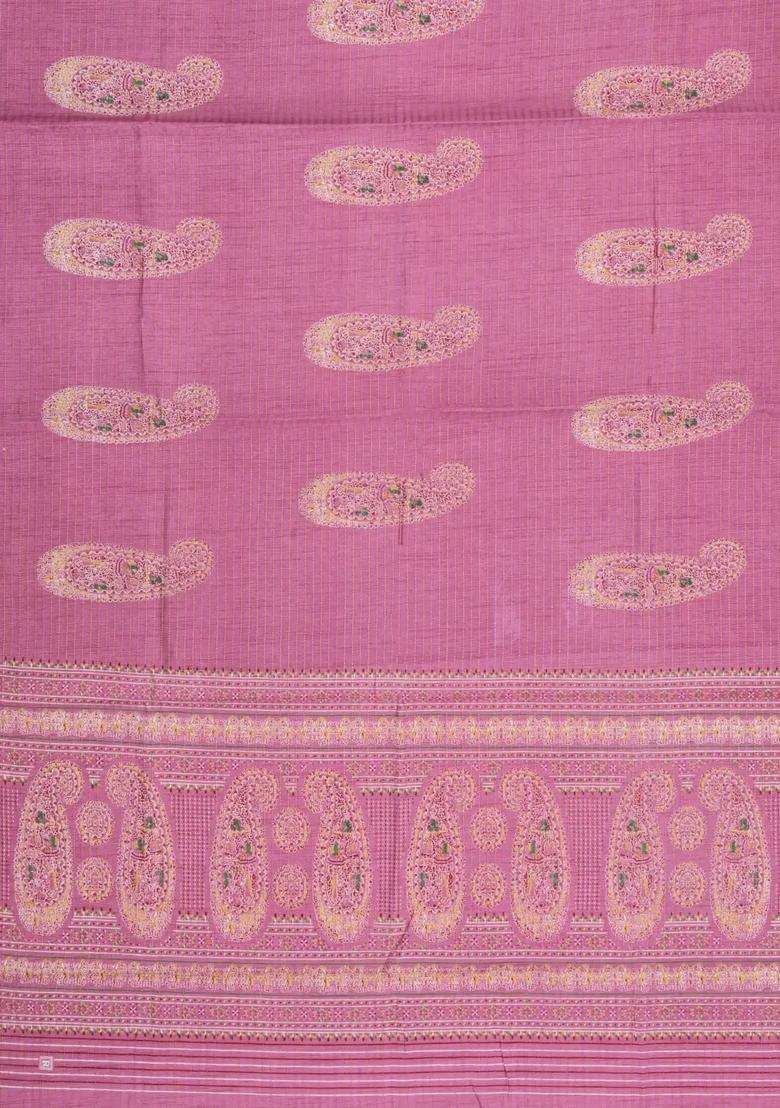 Dusty Pink Printed Synthetic Dola Silk Saree With Zari Stripes Border For Women - Indya