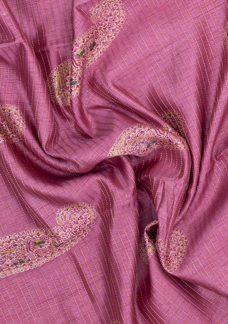 Dusty Pink Printed Synthetic Dola Silk Saree With Zari Stripes Border For Women - Indya