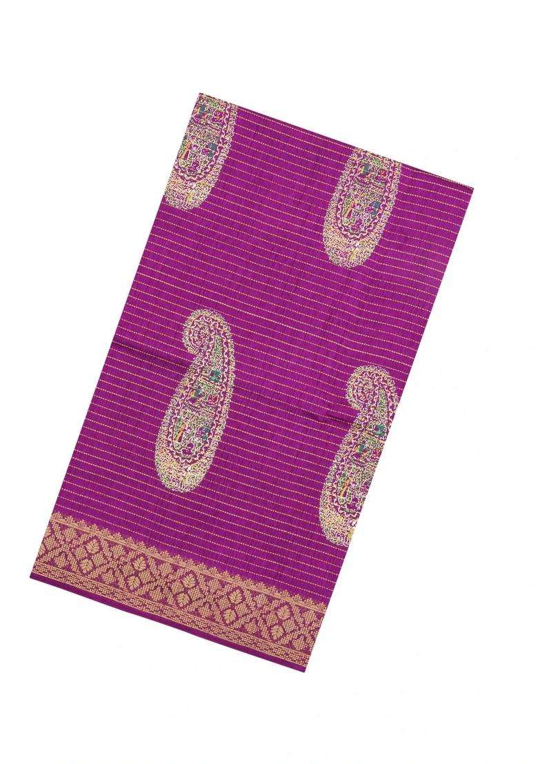 Magenta Printed Synthetic Dola Silk Saree With Zari Stripes Border For Women - Indya