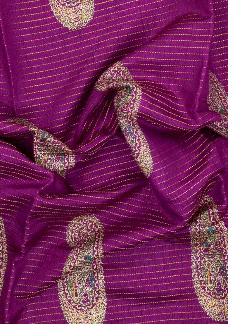 Magenta Printed Synthetic Dola Silk Saree With Zari Stripes Border For Women - Indya