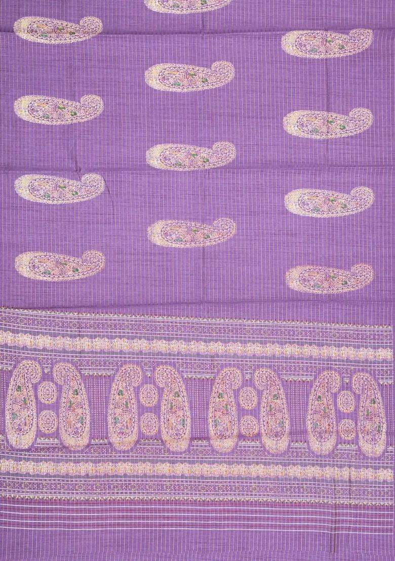 Lavander Lavender Printed Synthetic Dola Silk Saree With Zari Stripes Border For Women - Indya