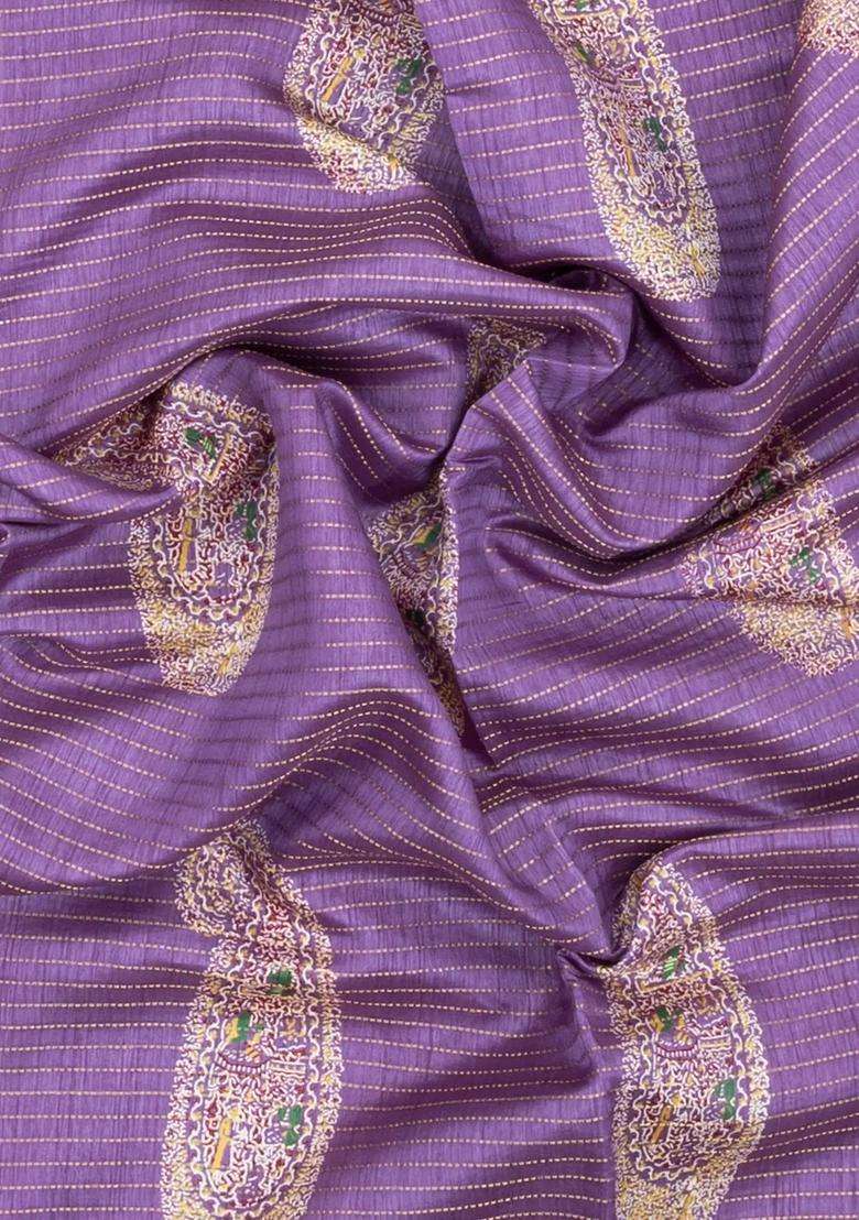 Lavander Lavender Printed Synthetic Dola Silk Saree With Zari Stripes Border For Women - Indya