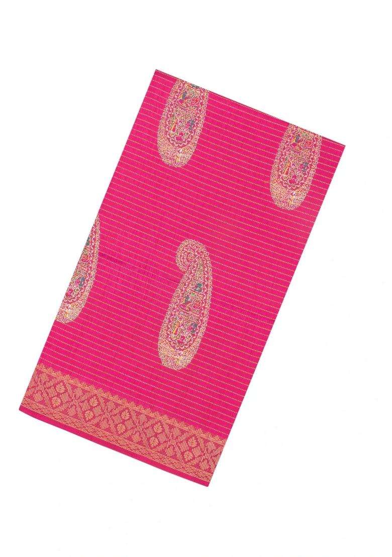 Pink Printed Synthetic Dola Silk Saree With Zari Stripes Border For Women - Indya
