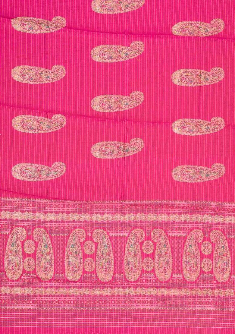 Pink Printed Synthetic Dola Silk Saree With Zari Stripes Border For Women - Indya
