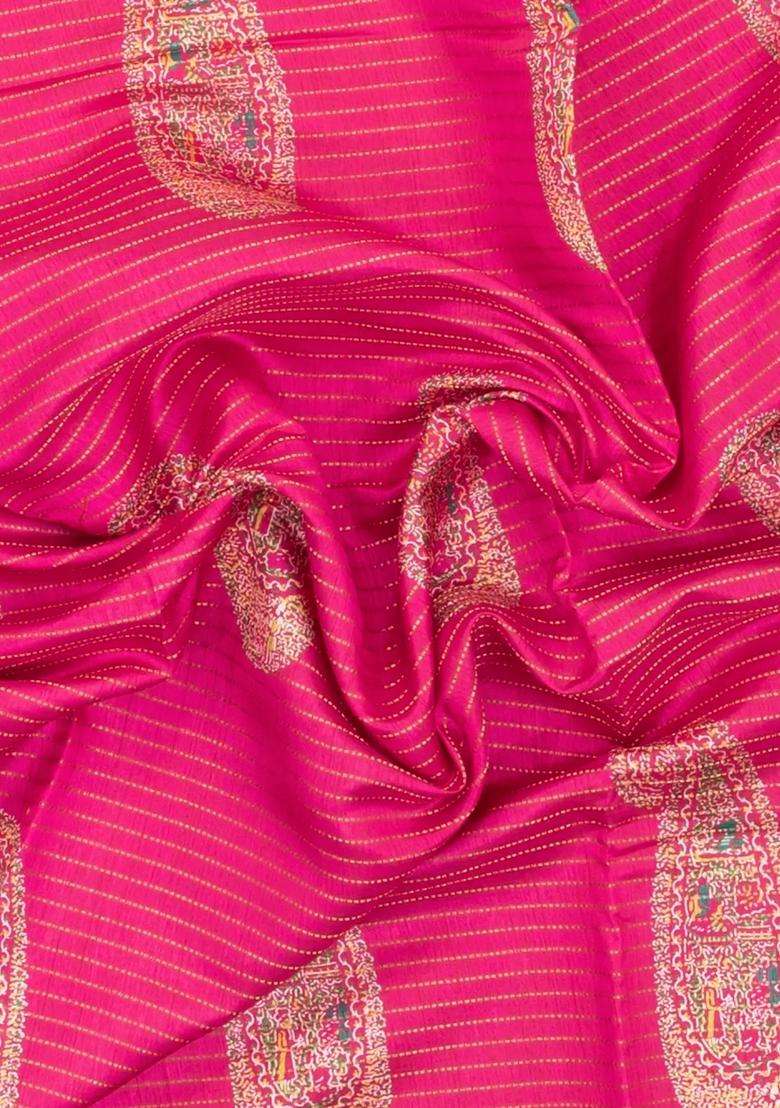 Pink Printed Synthetic Dola Silk Saree With Zari Stripes Border For Women - Indya