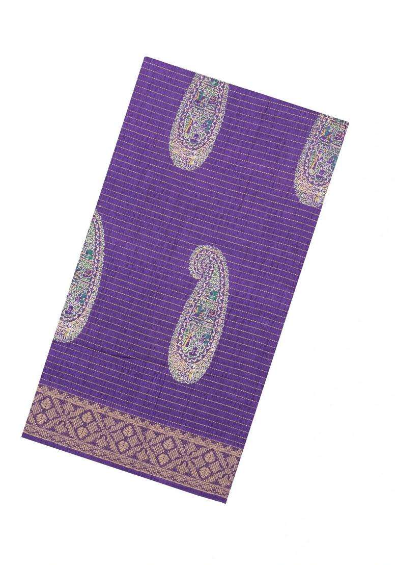 Lilac Printed Synthetic Dola Silk Saree With Zari Stripes Border For Women - Indya