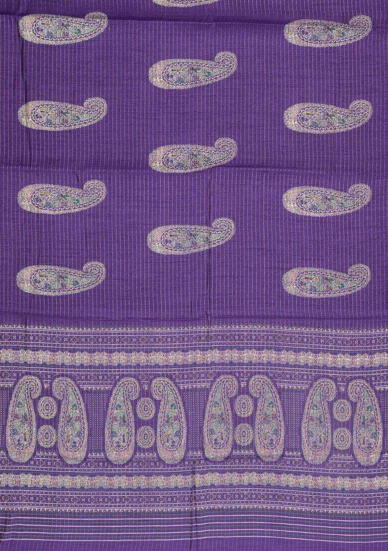 Lilac Printed Synthetic Dola Silk Saree With Zari Stripes Border For Women - Indya