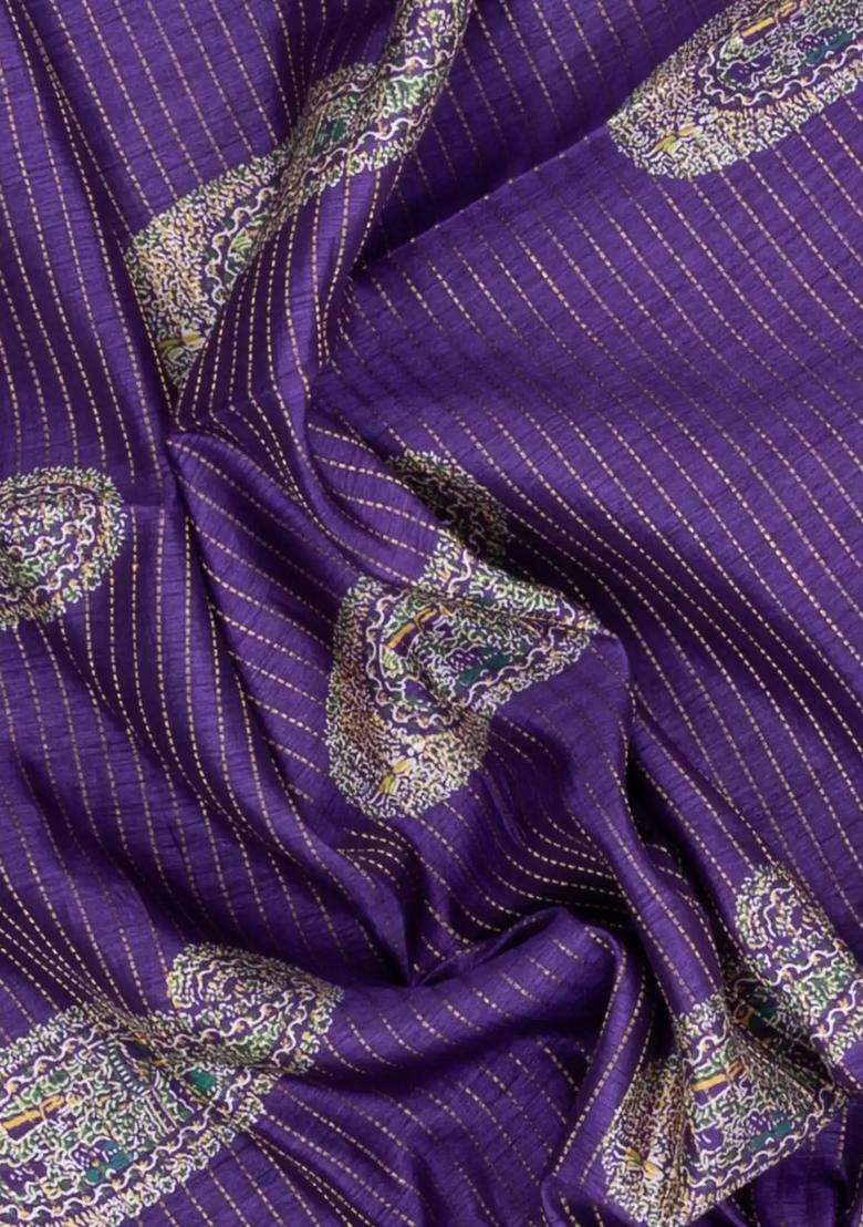 Lilac Printed Synthetic Dola Silk Saree With Zari Stripes Border For Women - Indya