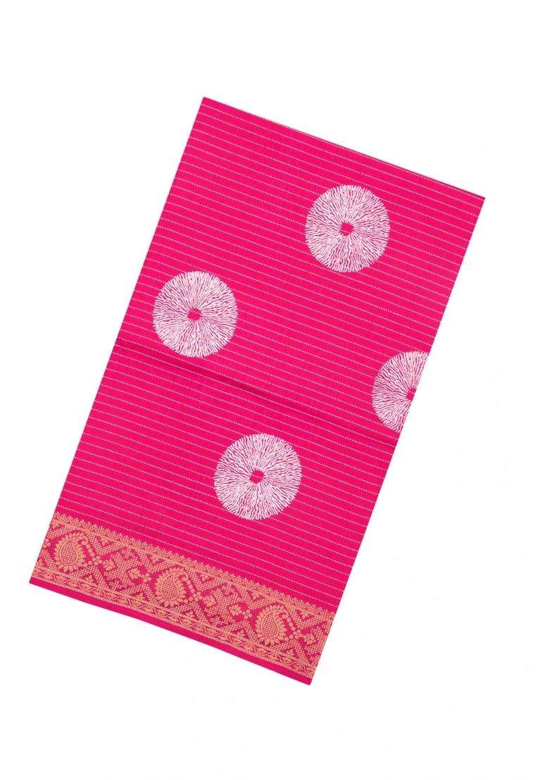 Pink Printed Synthetic Dola Silk Saree With Zari Stripes Border For Women - Indya