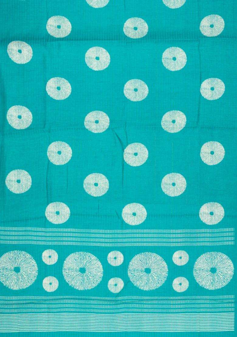 Turquoise Printed Synthetic Dola Silk Saree With Zari Stripes Border For Women - Indya