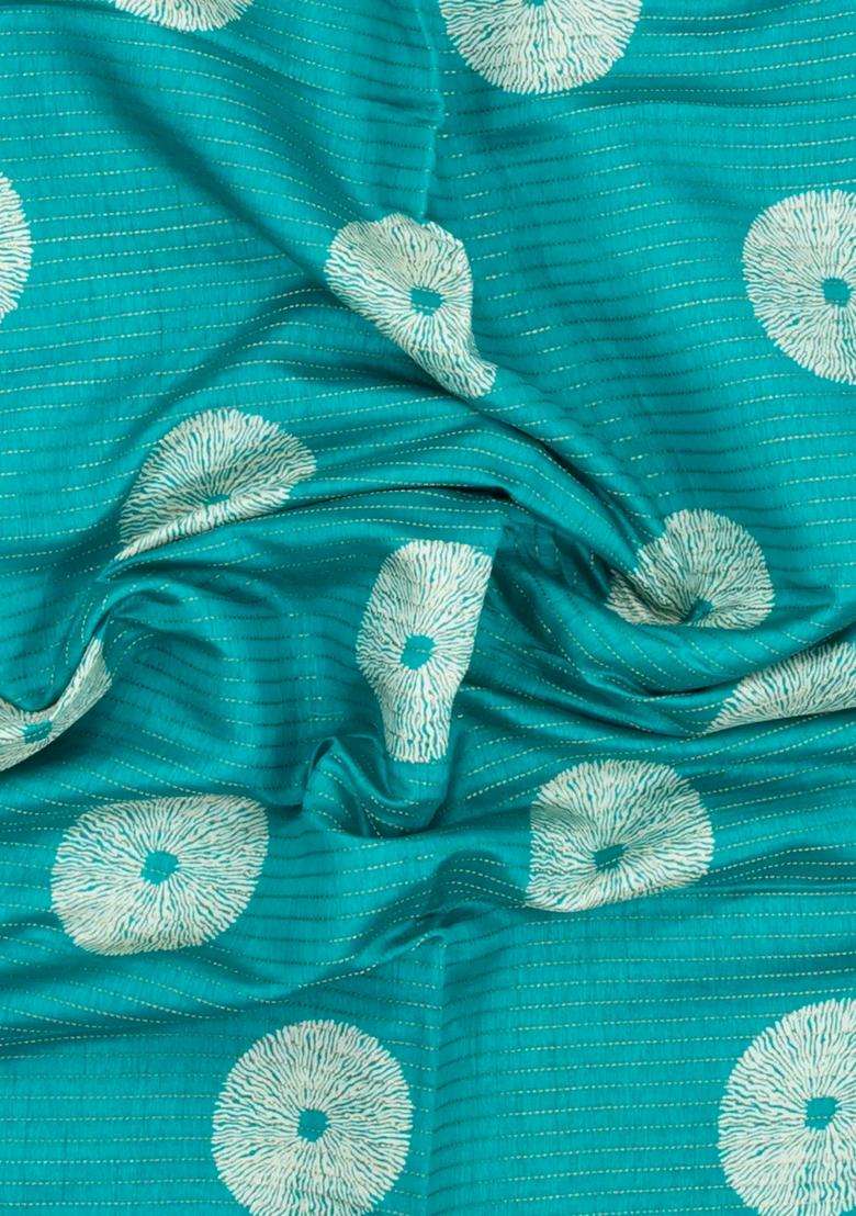 Turquoise Printed Synthetic Dola Silk Saree With Zari Stripes Border For Women - Indya