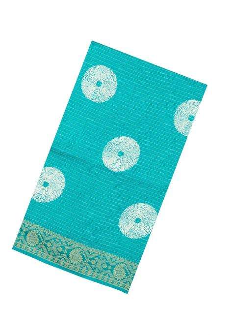 Turquoise Printed Synthetic Dola Silk Saree With Zari Stripes Border For Women