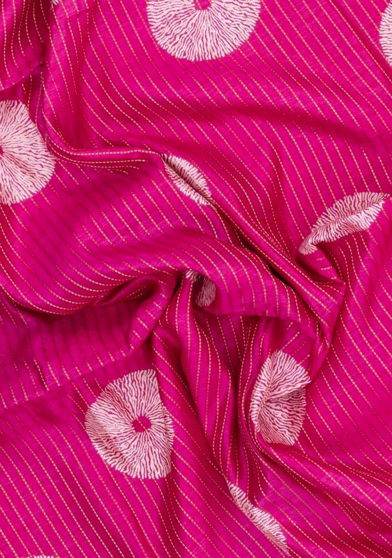 Pink Printed Synthetic Dola Silk Saree With Zari Stripes Border For Women - Indya