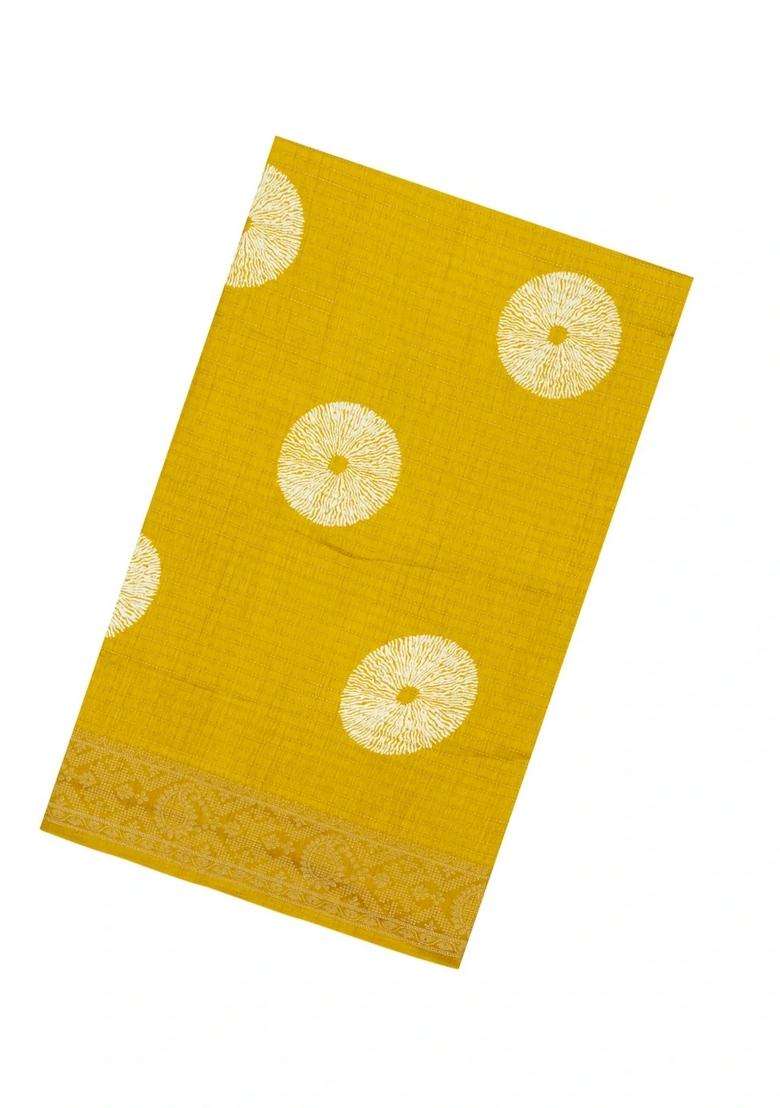 Yellow Printed Synthetic Dola Silk Saree With Zari Stripes Border For Women - Indya