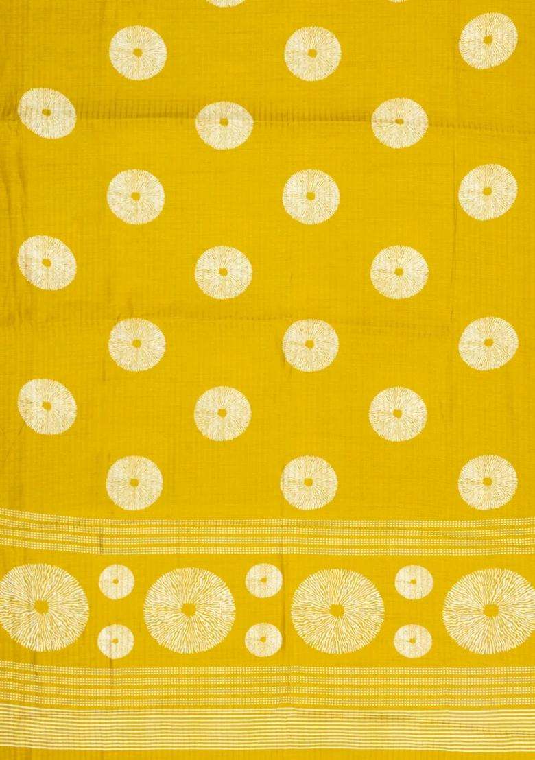 Yellow Printed Synthetic Dola Silk Saree With Zari Stripes Border For Women - Indya