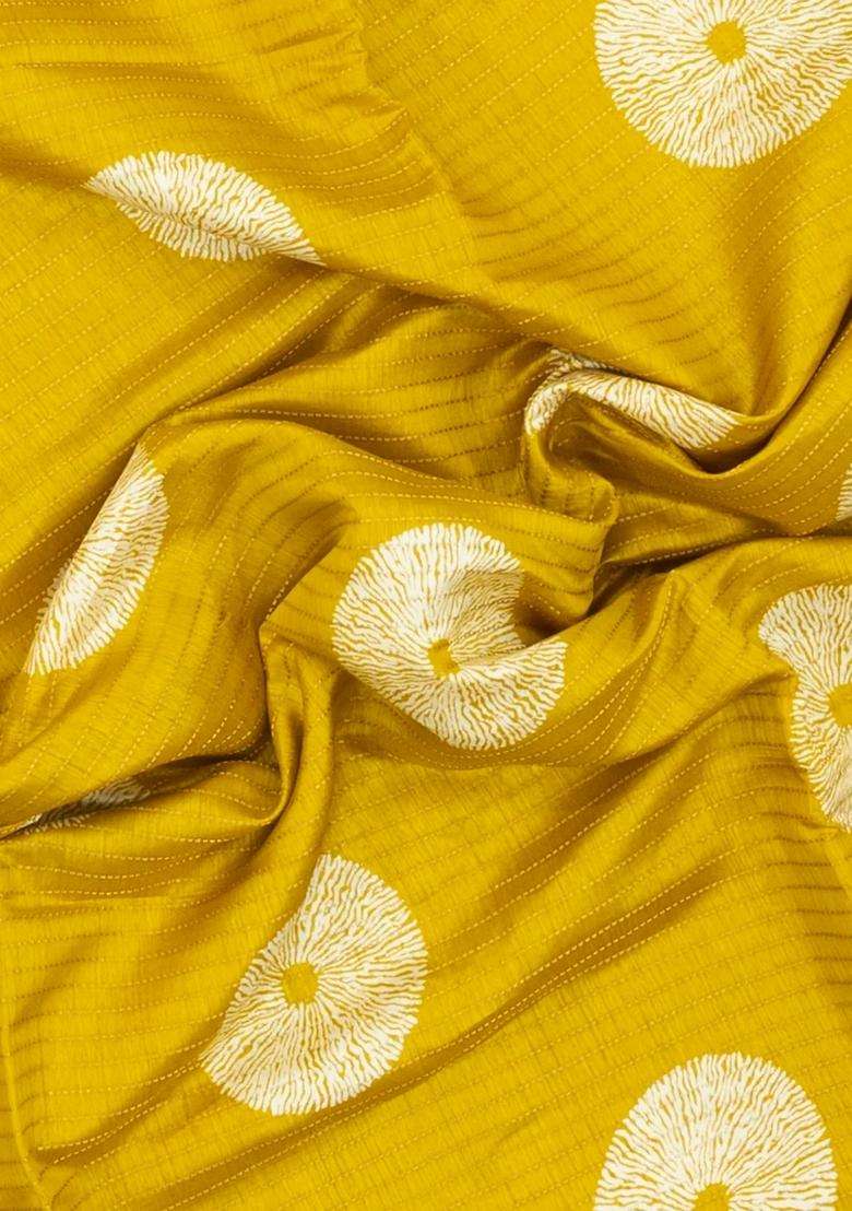 Yellow Printed Synthetic Dola Silk Saree With Zari Stripes Border For Women - Indya