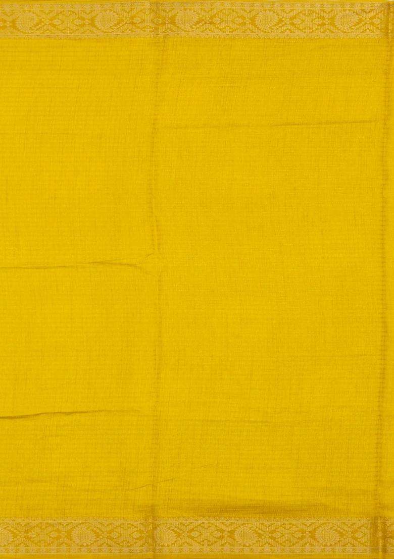 Yellow Printed Synthetic Dola Silk Saree With Zari Stripes Border For Women - Indya