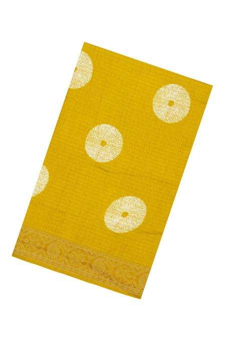 Yellow Printed Synthetic Dola Silk Saree With Zari Stripes Border For Women